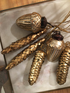 Antiqued Slim Gold Metal Fir Cone Hanging Decoration